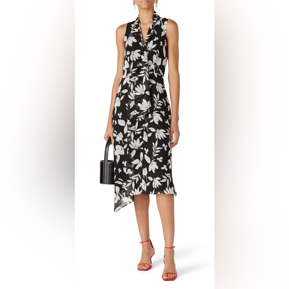 Jay Godfrey Lanni Tie Neck Floral Midi Dress - Size 0 - Asymmetric Hem
